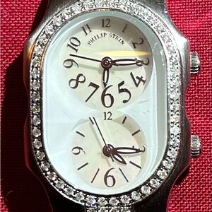 Philip Stein Teslar dual time watch, diamond bezel, MOP dial, NEW black strap